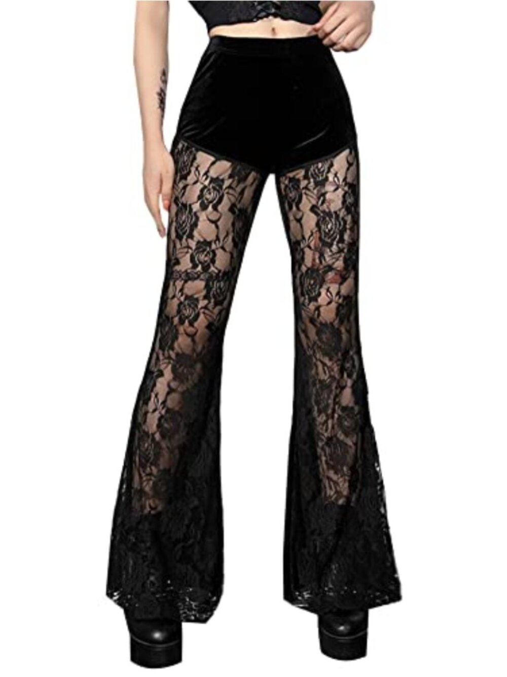 Women's Gothic Velvet Flare Pants Sheer Lace High Waist Bell Bottom Trousers